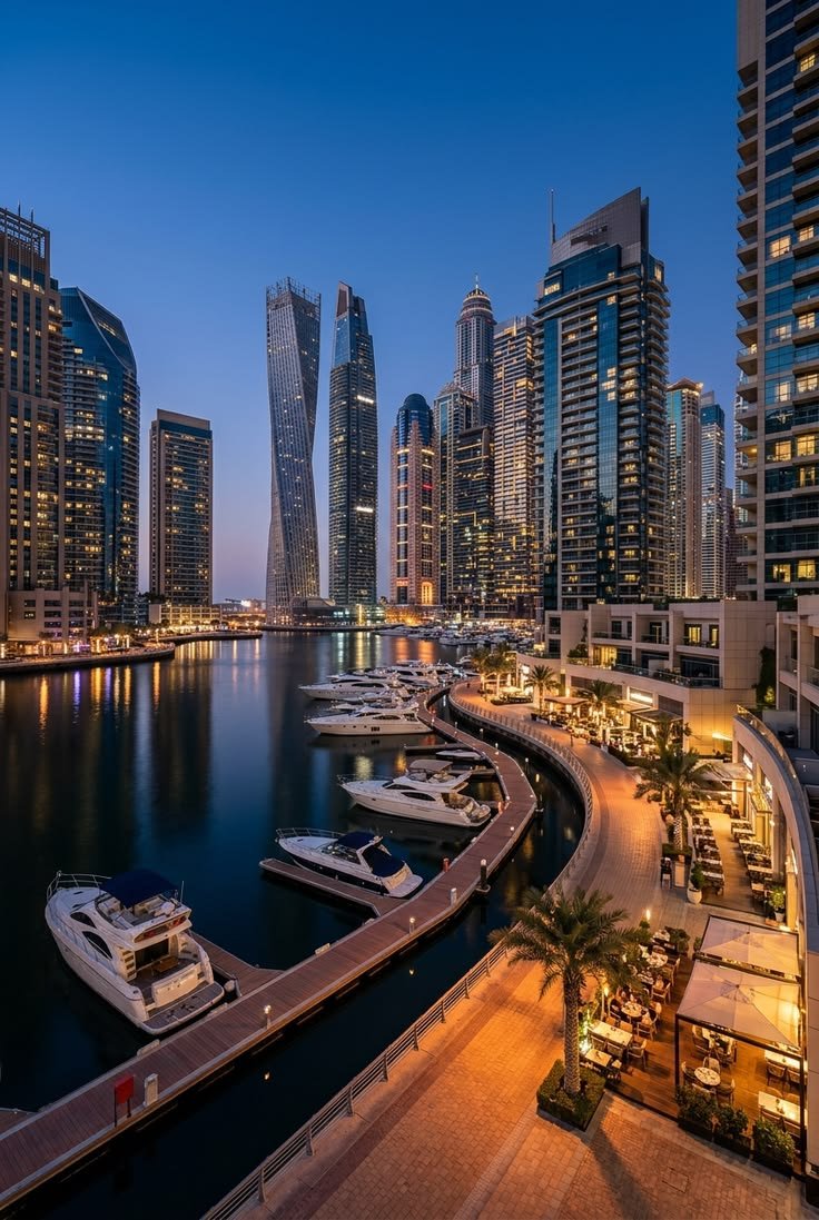 Dubai Marina towers and yachts along the waterfront promenade at blue hour