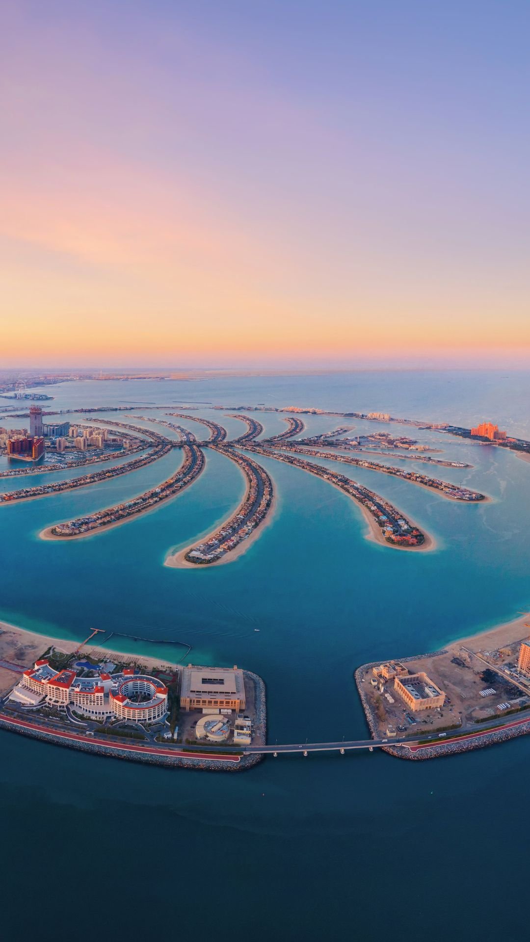 Aerial view of Palm Jumeirah's palm-shaped islands and turquoise water