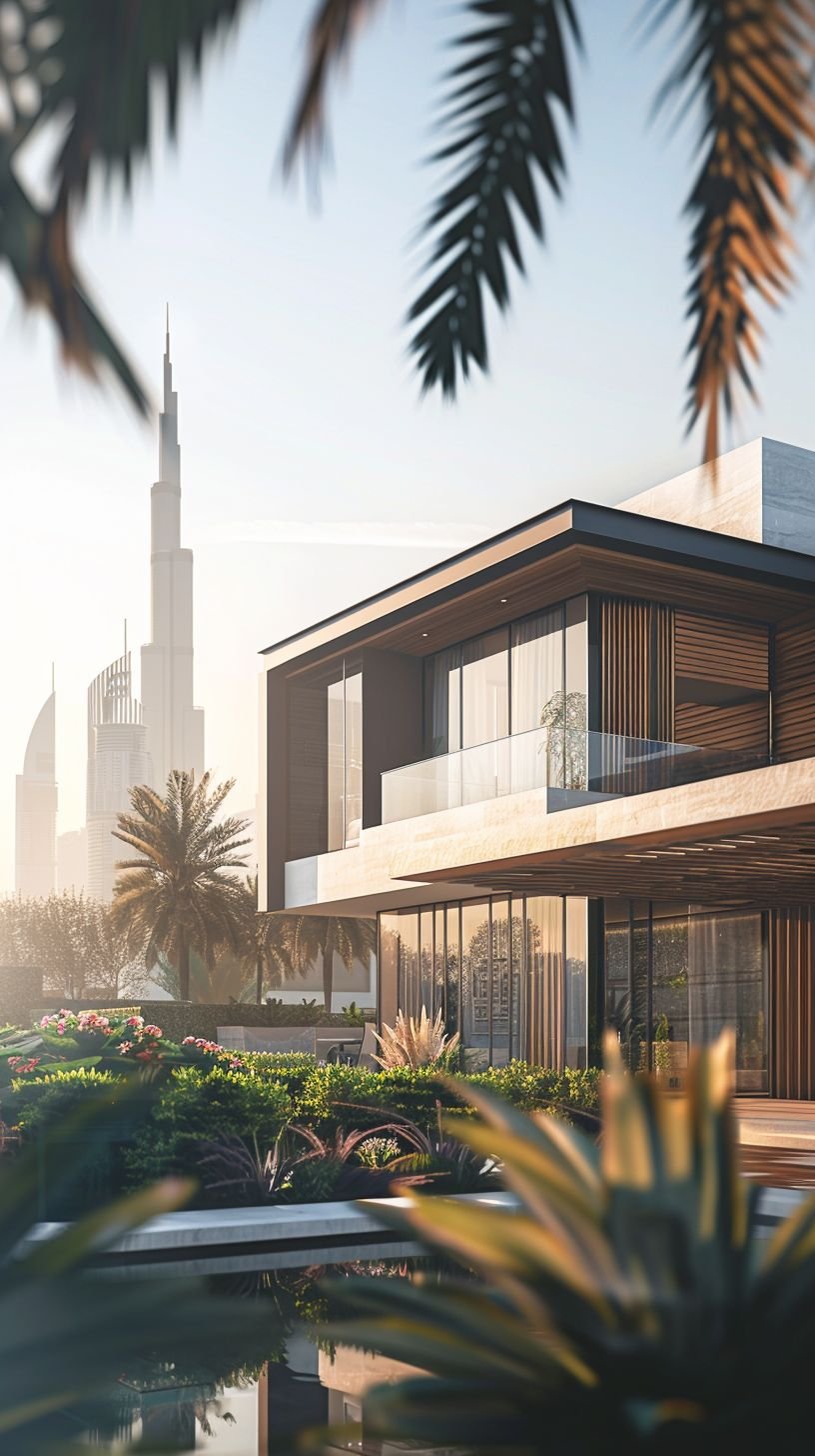 Palm-framed modern Dubai residence with the Burj Khalifa in the distance
