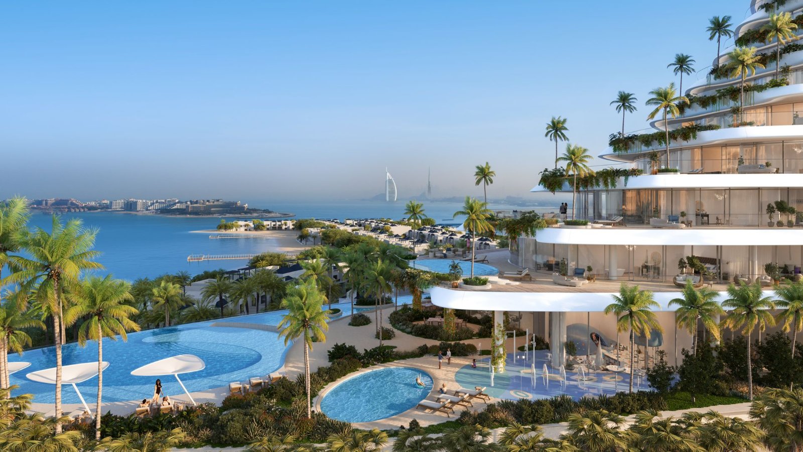 Sculpted white residences with terraced pools overlooking the sea